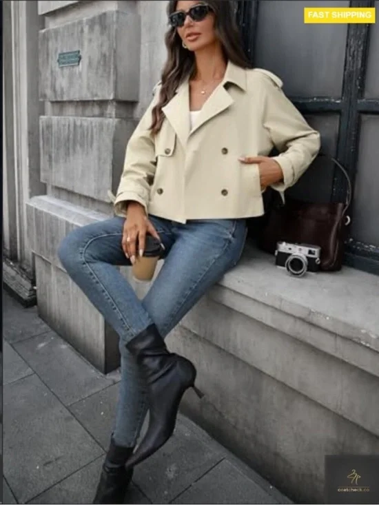 Cropped Trench Coat Oversized Double Breasted Classic Chic Fall Jacket new - Picture 8 of 10